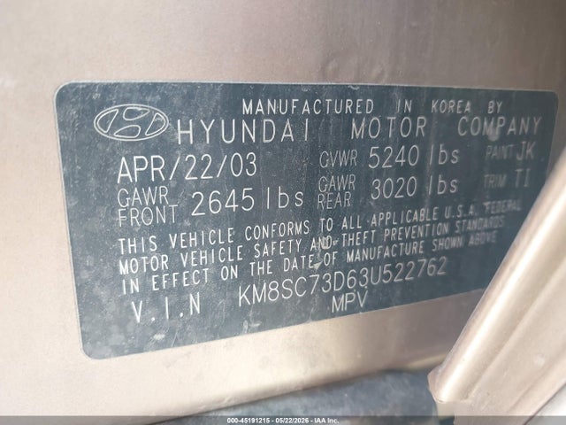 2003 Hyundai Santa Fe Gls/lx მანქანა იყიდება აუქციონზე, vin: KM8SC73D63U522762, აუქციონის ნომერი: 45191215