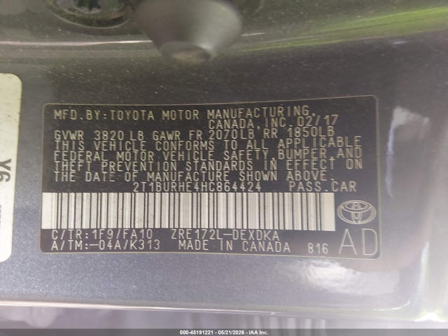 Продаж на аукціоні авто 2017 Toyota Corolla L, vin: 2T1BURHE4HC864424, номер лоту: 45191221