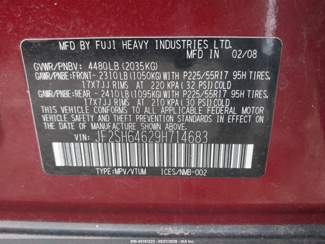 2009 Subaru Forester 2.5x Limited მანქანა იყიდება აუქციონზე, vin: JF2SH64629H714683, აუქციონის ნომერი: 45191222
