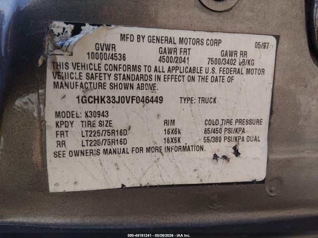 Aukcja sprzedaży 1997 Chevrolet K3500 Hd Fleetside, vin: 1GCHK33J0VF046449, numer aukcji: 45191241