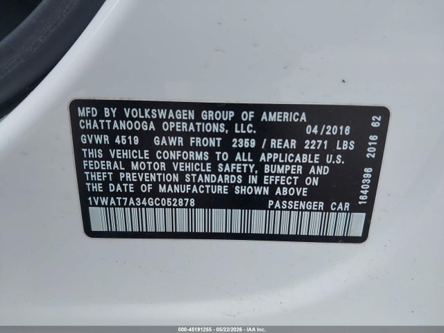 Aukcja sprzedaży 2016 Volkswagen Passat 1.8t S, vin: 1VWAT7A34GC052878, numer aukcji: 45191255