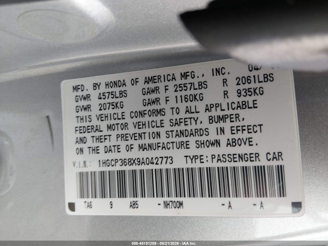2009 Honda Accord 3.5 Ex-l მანქანა იყიდება აუქციონზე, vin: 1HGCP368X9A042773, აუქციონის ნომერი: 45191259