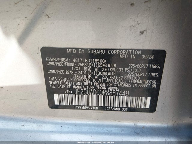 Aukcja sprzedaży 2024 Subaru Crosstrek Premium, vin: JF2GUADC0R8887449, numer aukcji: 45191272