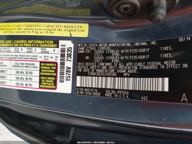 Aukcja sprzedaży 2014 Toyota Sienna Le V6 8 Passenger, vin: 5TDKK3DC5ES495566, numer aukcji: 45191275