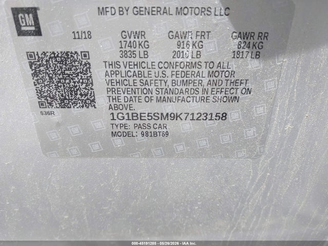 Aukcja sprzedaży 2019 Chevrolet Cruze Lt, vin: 1G1BE5SM9K7123158, numer aukcji: 45191285