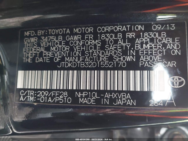 Продаж на аукціоні авто 2013 Toyota Prius C Two, vin: JTDKDTB32D1552170, номер лоту: 45191288