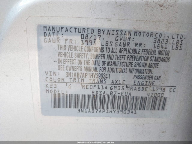 45191304 :رقم المزاد ، 3N1AB7AP1HY390341 vin ، 2017 Nissan Sentra S مزاد بيع