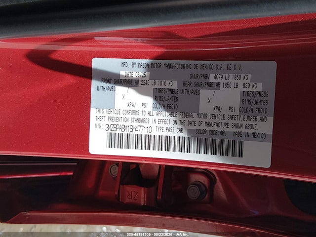 45191309 :رقم المزاد ، 3MZBPABM1SM477110 vin ، 2025 Mazda Mazda3 2.5 S Select Sport مزاد بيع