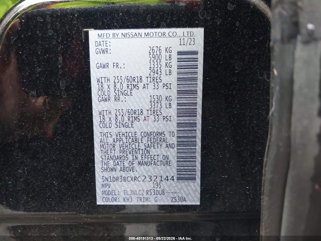 Aukcja sprzedaży 2024 Nissan Pathfinder Sv 4wd, vin: 5N1DR3BCXRC232144, numer aukcji: 45191313