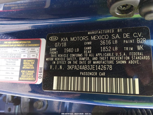 Продажа на аукционе авто 2018 Kia Rio S, vin: 3KPA24AB3JE142678, номер лота: 45191323