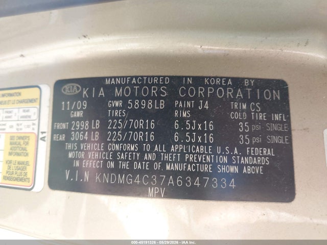 45191326 :رقم المزاد ، KNDMG4C37A6347334 vin ، 2010 Kia Sedona Lx مزاد بيع
