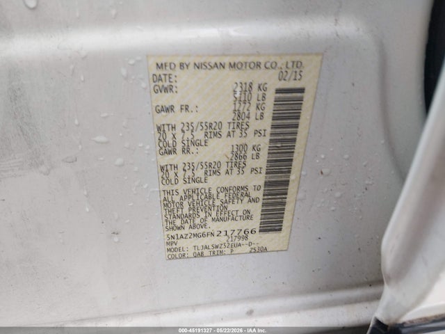 Aukcja sprzedaży 2015 Nissan Murano Platinum, vin: 5N1AZ2MG6FN217766, numer aukcji: 45191327