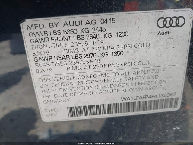 Продажа на аукционе авто 2015 Audi Q5 2.0t Premium, vin: WA1LFAFP4FA138367, номер лота: 45191331