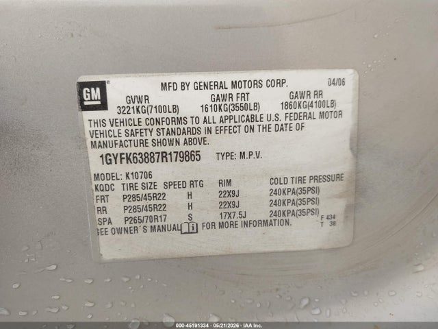 45191334 :رقم المزاد ، 1GYFK63887R179865 vin ، 2007 Cadillac Escalade Standard مزاد بيع