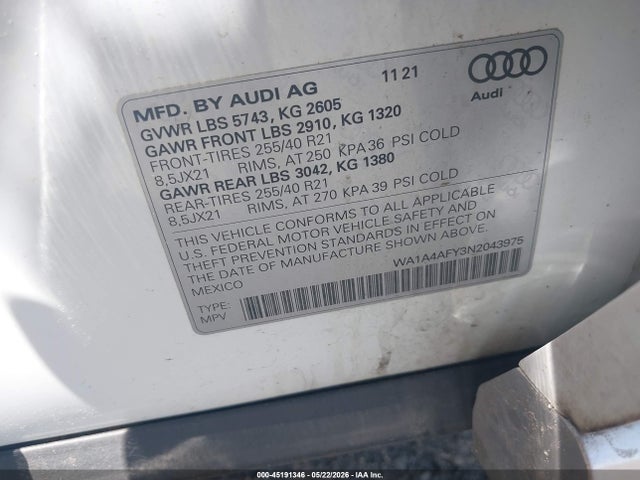 45191346 :رقم المزاد ، WA1A4AFY3N2043975 vin ، 2022 Audi Sq5 Premium Tfsi Quattro Tiptronic مزاد بيع