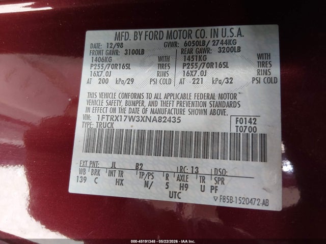 Продажа на аукционе авто 1999 Ford F-150 Lariat/work Series/xl/xlt, vin: 1FTRX17W3XNA82435, номер лота: 45191348