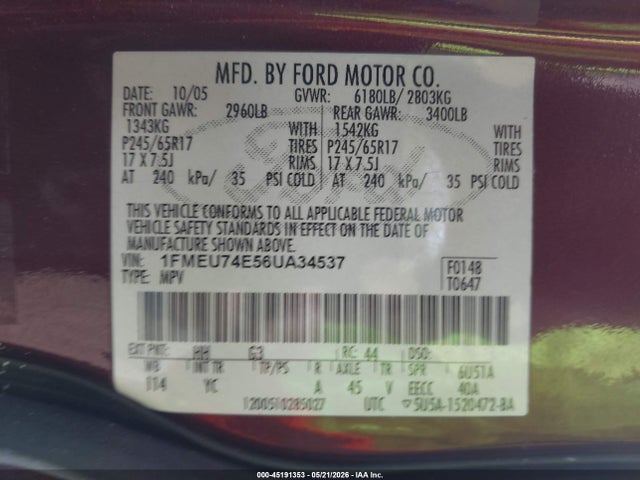 Продаж на аукціоні авто 2006 Ford Explorer Eddie Bauer, vin: 1FMEU74E56UA34537, номер лоту: 45191353