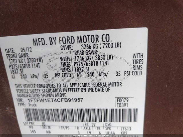 Aukcja sprzedaży 2012 Ford F-150 Xlt, vin: 1FTFW1ET4CFB91957, numer aukcji: 45191355