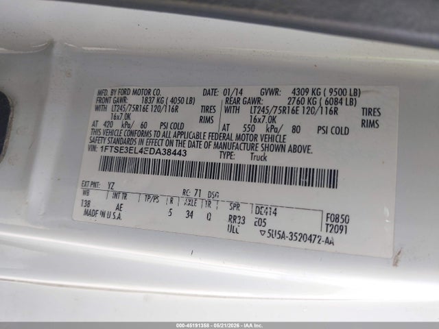 45191358 :رقم المزاد ، 1FTSE3EL4EDA38443 vin ، 2014 Ford E-350 Super Duty Commercial مزاد بيع