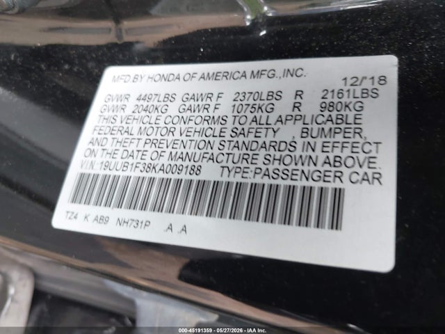 Продаж на аукціоні авто 2019 Acura Tlx Standard, vin: 19UUB1F38KA009188, номер лоту: 45191359