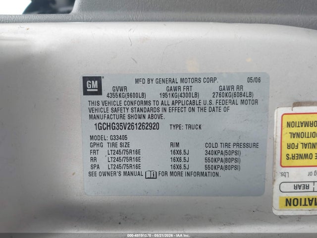 Aukcja sprzedaży 2006 Chevrolet Express Work Van, vin: 1GCHG35V261262920, numer aukcji: 45191370