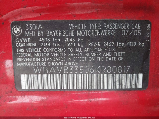 Продажа на аукционе авто 2006 Bmw 330i, vin: WBAVB33506KR80817, номер лота: 45191372
