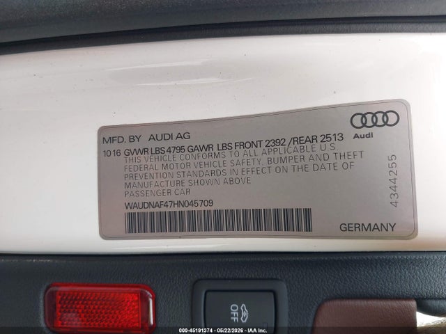 Aukcja sprzedaży 2017 Audi A4 2.0t Season Of Audi Premium, vin: WAUDNAF47HN045709, numer aukcji: 45191374