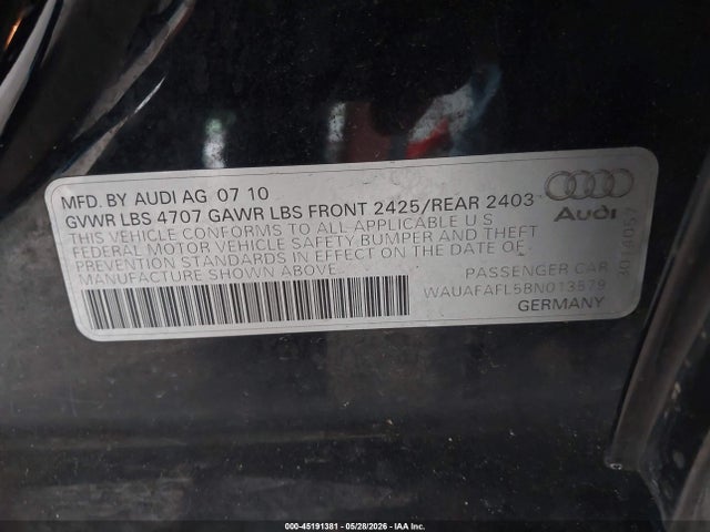 45191381 :رقم المزاد ، WAUAFAFL5BN013579 vin ، 2011 Audi A4 2.0t Premium مزاد بيع