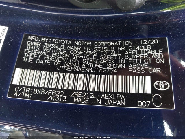 45191387 :رقم المزاد ، JTDEPMAEXMJ162754 vin ، 2021 Toyota Corolla Le مزاد بيع