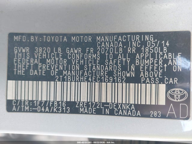 Aukcja sprzedaży 2014 Toyota Corolla Le Plus, vin: 2T1BURHE4EC169162, numer aukcji: 45191393