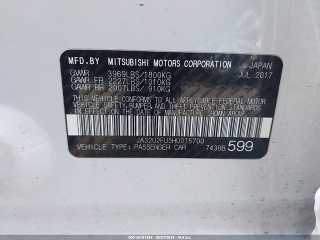 Mitsubishi Lancer Es/le 2017 JA32U2FU5HU015700 Image 9