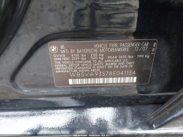 Продажа на аукционе авто 2008 Bmw M3, vin: WBSVA93578E041134, номер лота: 45191400