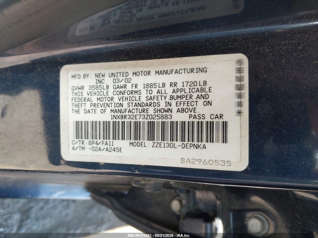 Aukcja sprzedaży 2003 Toyota Corolla Le, vin: 1NXBR32E73Z025883, numer aukcji: 45191401