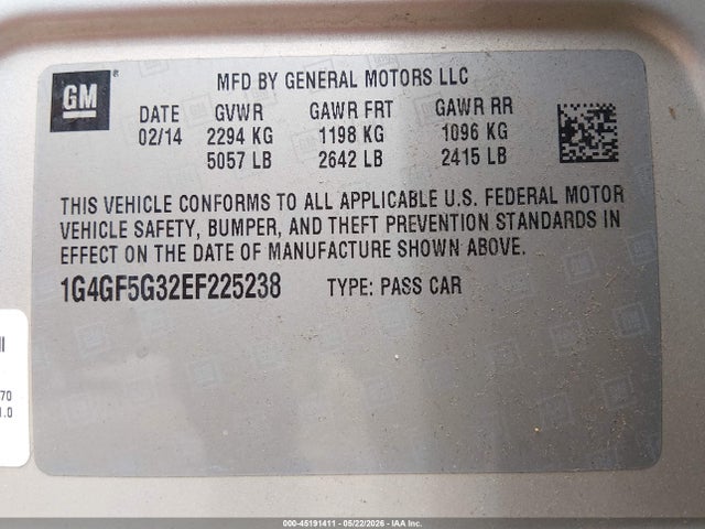 2014 Buick Lacrosse Premium Ii Group მანქანა იყიდება აუქციონზე, vin: 1G4GF5G32EF225238, აუქციონის ნომერი: 45191411