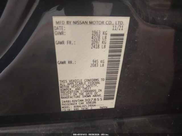 Продаж на аукціоні авто 2022 Nissan Altima Sv Fwd, vin: 1N4BL4DV5NN307855, номер лоту: 45191413