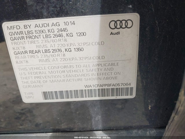 45191424 :رقم المزاد ، WA1CFAFP8FA057064 vin ، 2015 Audi Q5 2.0t Premium مزاد بيع
