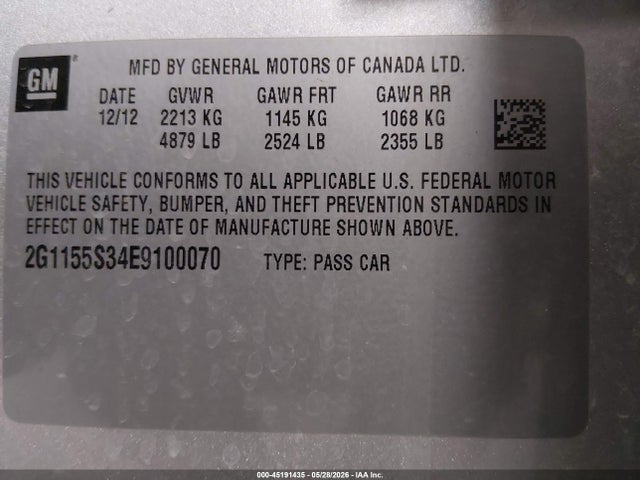 45191435 :رقم المزاد ، 2G1155S34E9100070 vin ، 2014 Chevrolet Impala 2lz مزاد بيع