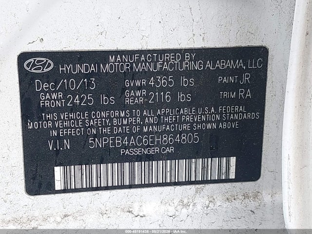 45191438 :رقم المزاد ، 5NPEB4AC6EH864805 vin ، 2014 Hyundai Sonata Gls مزاد بيع