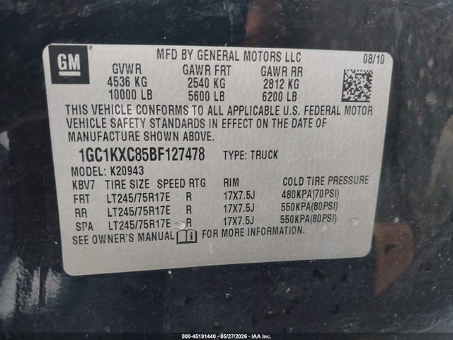 Aukcja sprzedaży 2011 Chevrolet Silverado 2500hd Lt, vin: 1GC1KXC85BF127478, numer aukcji: 45191440