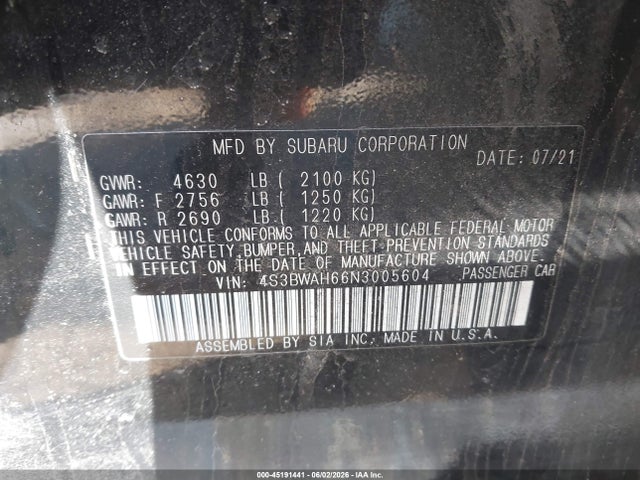 Продажа на аукционе авто 2022 Subaru Legacy Sport, vin: 4S3BWAH66N3005604, номер лота: 45191441