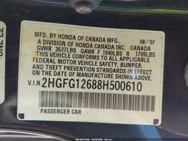 Aukcja sprzedaży 2008 Honda Civic Lx, vin: 2HGFG12688H500610, numer aukcji: 45191450
