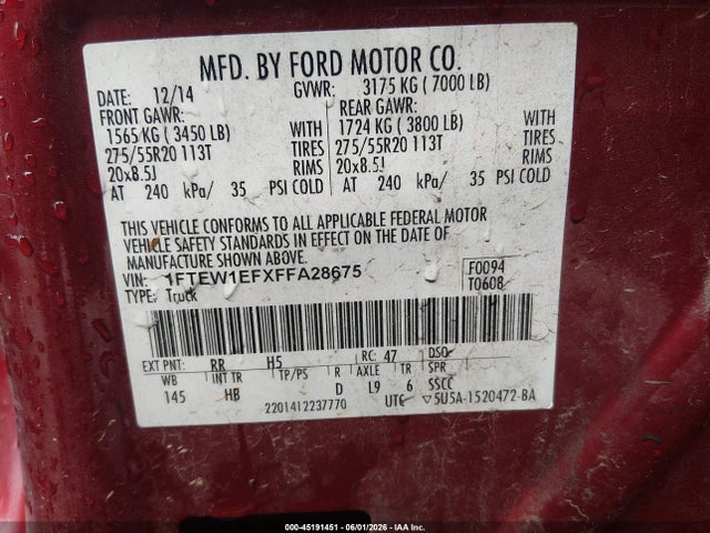 45191451 :رقم المزاد ، 1FTEW1EFXFFA28675 vin ، 2015 Ford F-150 Lariat مزاد بيع
