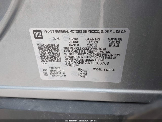 2026 Chevrolet Equinox Fwd Lt მანქანა იყიდება აუქციონზე, vin: 3GNAXHEG6TL106763, აუქციონის ნომერი: 45191454
