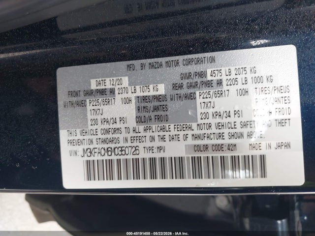 45191458 :رقم المزاد ، JM3KFACM6M0350726 vin ، 2021 Mazda Cx-5 Touring مزاد بيع