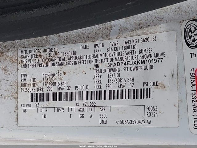 2019 Ford Fiesta Se მანქანა იყიდება აუქციონზე, vin: 3FADP4EJXKM101977, აუქციონის ნომერი: 45191459