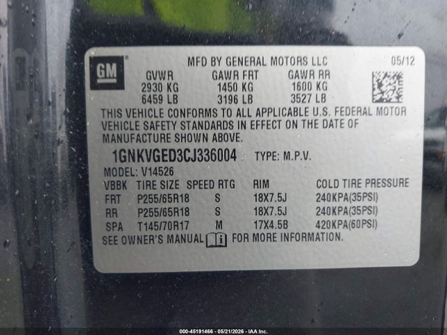 Продажа на аукционе авто 2012 Chevrolet Traverse 1lt, vin: 1GNKVGED3CJ336004, номер лота: 45191466