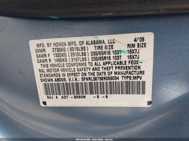 45191469 :رقم المزاد ، 5FNRL38758B069054 vin ، 2008 Honda Odyssey Ex-l مزاد بيع