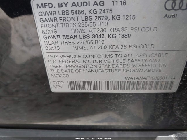 45191471 :رقم المزاد ، WA1ANAFY6J2001114 vin ، 2018 Audi Q5 2.0t Premium/2.0t Tech Premium مزاد بيع