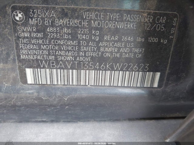 Продажа на аукционе авто 2006 Bmw 325xit, vin: WBAVT13546KW22623, номер лота: 45191472