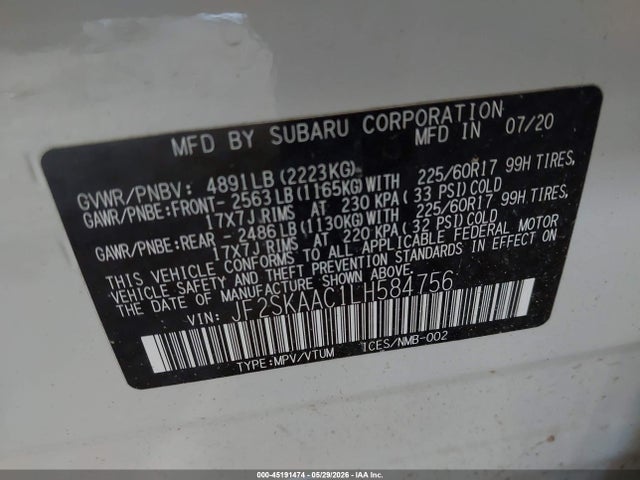 2020 Subaru Forester მანქანა იყიდება აუქციონზე, vin: JF2SKAAC1LH584756, აუქციონის ნომერი: 45191474